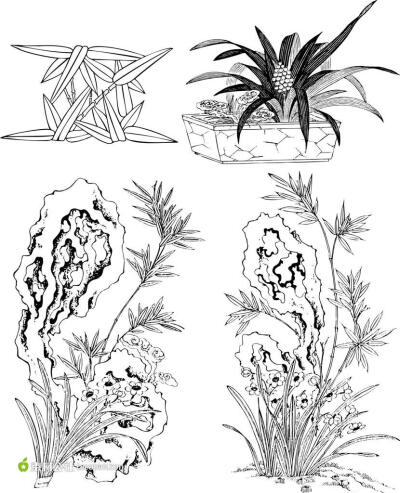 中国传统植物图案竹石花卉矢量素材