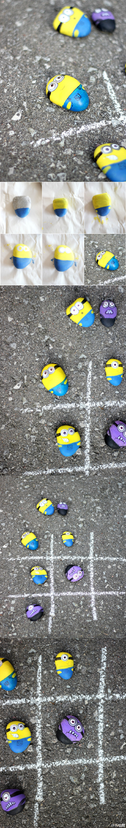 #Make Minions Rocks for Tic-Tac-Toe by Lucy#小黄人来了XDDD，没啥技巧，不想买周边自己画了石头玩井字棋嘛！话说这些天，无聊的我每晚去撸一部电影，（有的看了两遍）终于没的看了我跑来更新咯_(:з」∠)_，不过等两天新片上映我就又会失踪啦（殴）。PS.前天下午就我一个人包场的感觉又寂寞又爽…