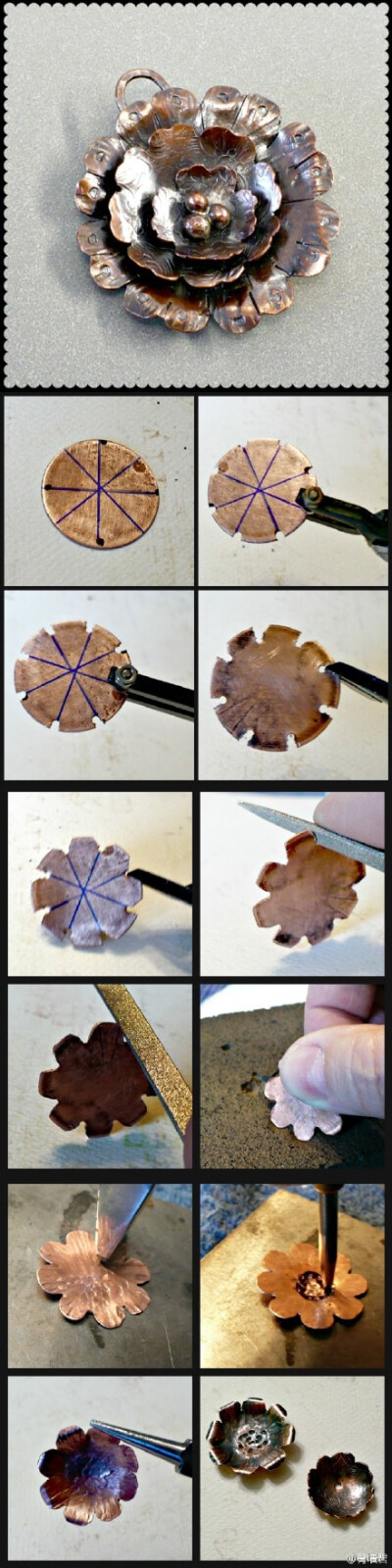 #copper flower#看到一个特别可爱的铜片花的做法~记得以前那个copper rose么，这比那个省事太多啦！不过不使用锯弓，又需要焊接了，嘛~金工就是功夫活儿。