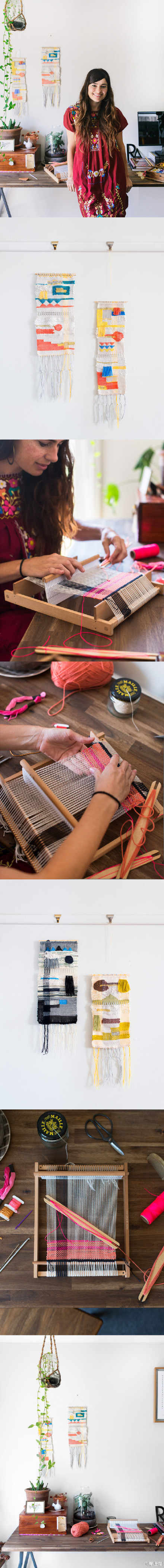 #Maryanne Moodie · Woven Tapestries#玛丽安娜的织挂毯。能看出作者做这个做得很开心，我摆弄织机的时候也很开心哦&amp;gt;Q&amp;lt;（我的更简易一些，最简易的就是一张硬纸板啦）。之前介绍过一些教程（搜 loom），想秋天织一块与众不同的布的童鞋可以开始了哈哈~