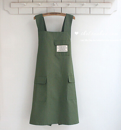 韩国进口厨房餐厅居家韩版时尚可爱无袖工作围裙 军绿色纯棉围裙