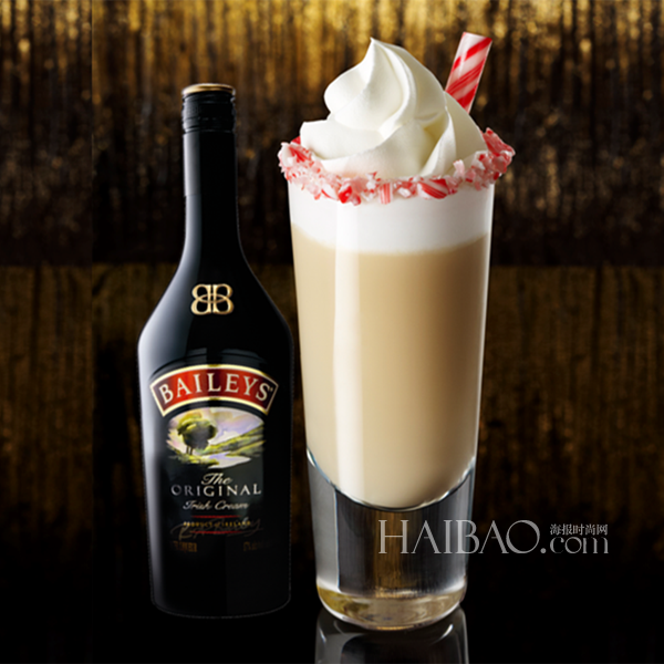 【百利 (Baileys) 甜酒糖果棒棉花糖鸡尾酒】原料：百利咖啡味甜酒50ml、奶茶400ml装饰物：奶油糖果棒 调制过程： 1.先倒入奶茶，再倒入咖啡味百利甜酒，充分搅拌均匀。2. 用五彩糖沾满杯沿，添加生奶油，再以糖果棒做为装饰。