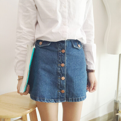 渔不二秋季韩国纯色口袋排扣纽扣高腰包臀牛仔A字裙半身裙短裙女