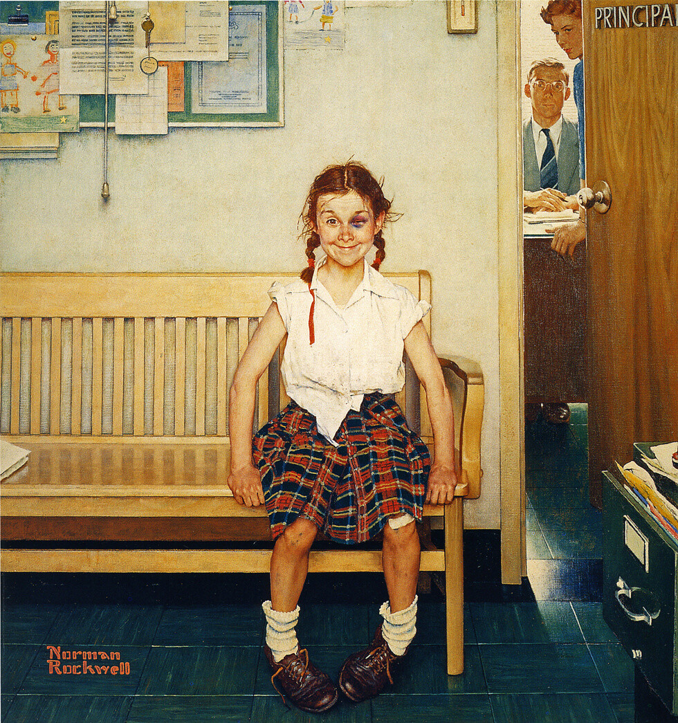 说到美国插画黄金时代的画家不得不提Norman Rockwell(1894－1978)，他的作品题材涉及范围广，从炎炎夏日的赤足男孩、到政治爱国宣传的总统等。在他写实的笔触下，营造出甜美、乐观的氛围，使得人物具有强烈的感染力。