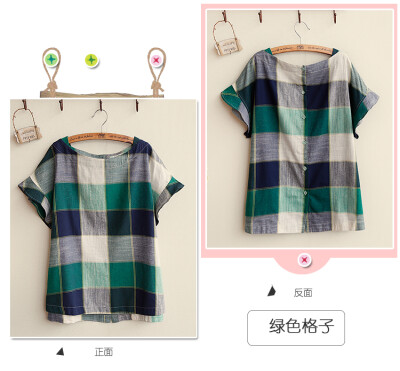 日系森林系 2015夏季新款女装 简约文艺拼色后排扣棉麻短袖T恤