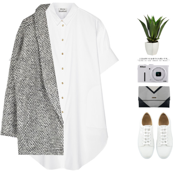 A fashion look from November 2015 featuring long white shirt dress, grey coat and flat tennis shoes. Browse and shop related looks.