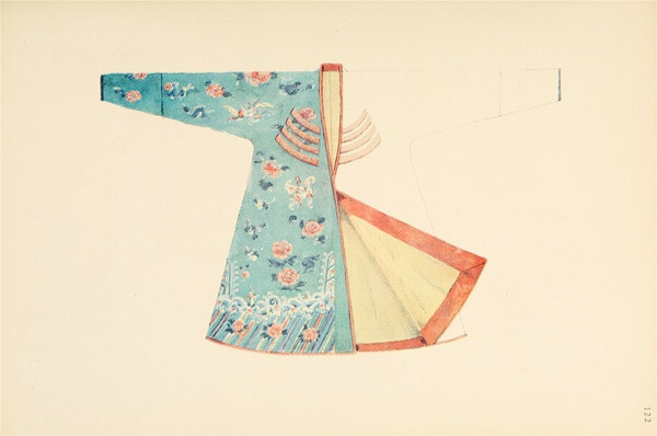 XinJiang- Dzungarian woman's over-garment. Satin with silk lining; embroidered in the Chinese style, but also provided with slightly curved cord decoration as is customary with Turkish peoples. Seam at back.