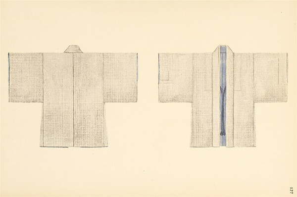 Japan- Man's over-jacket (&amp;quot;haori&amp;quot;). Slightly wadded. Half-silk, checked pattern, silk crape lining. The garment is fastened round the body with plaited silk cords. The sleeves are used as pockets. Back seam.