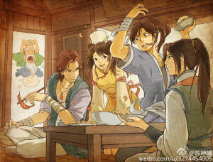 侠客风云传 逍遥派午饭时光 王蓉：来啦来啦  新蔡来啦 东方未明：小师妹别挤啊  喂 饿师兄  别抢我的虾啊 荆棘：手慢就要饿肚子 这是逍遥谷的传统  你不造吗 古月轩：荆棘、、 无暇子：真是和平的一天啊（笑)