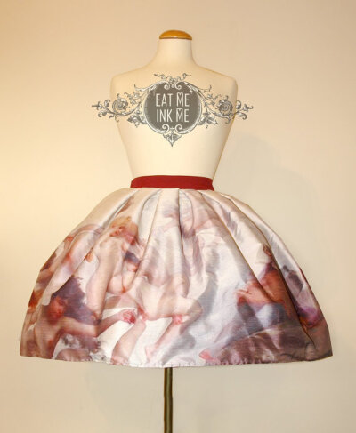 Painting print bustle back skirt Old Masters special taffeta print ivory burgundy Mephistopheles Faust lolita gothic circus fine art print