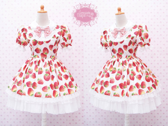 Kawaii Strawberry Dress with White Chiffon Ruffle Skirt and Lace - Strawberry Shortcake Dress - Sweet Lolita Dress -Custom to your size