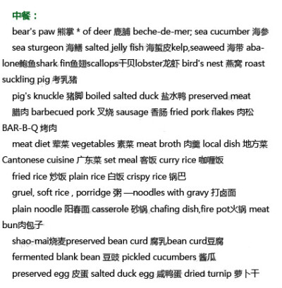 【几乎所有食物的英文翻译】包括水果类、肉类、蔬菜类、海鲜类、主食类、干果类、酒水类、零食类、饭类、面类、汤类、中西餐等的常用英语词汇，太全了，建议收藏！