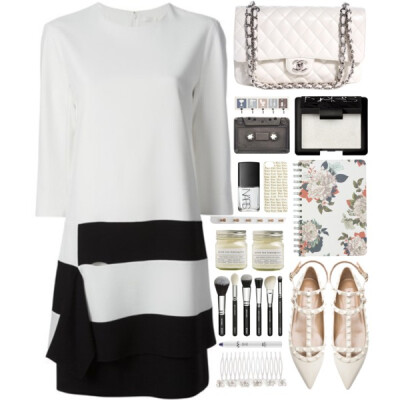 A fashion look from January 2015 featuring round neck dress, caged flats and chanel shoulder bag. Browse and shop related looks.