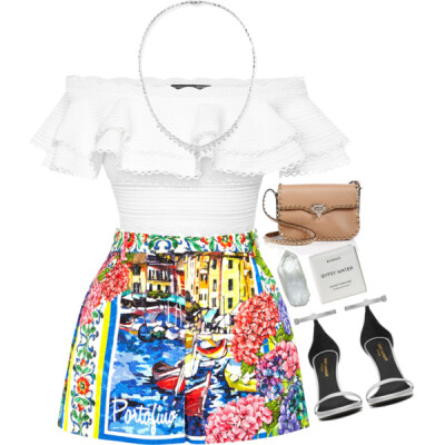 A fashion look from December 2015 featuring off the shoulder shirts, highwaisted shorts and ankle strap sandals. Browse and shop related looks.