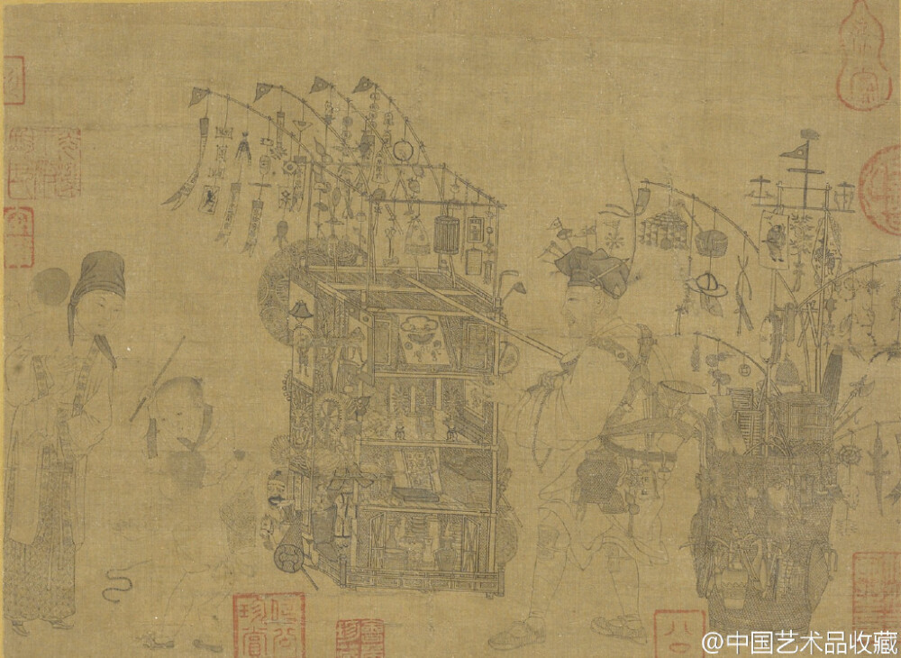 【 北宋 李公麟（传）《婴戏货郎图》 】册页，绢本，21.8×29.4cm，美国弗利尔博物馆藏。 此图旧传李公麟作，实为元人绘制。货郎，旧时汉族民间在农村或城市小街僻巷流动贩卖日用杂货的商贩。此业盛行于宋代，直至上世纪八十年代初。北宋苏汉臣、南宋李嵩、明代吕文英、计盛等均有此题材表现。