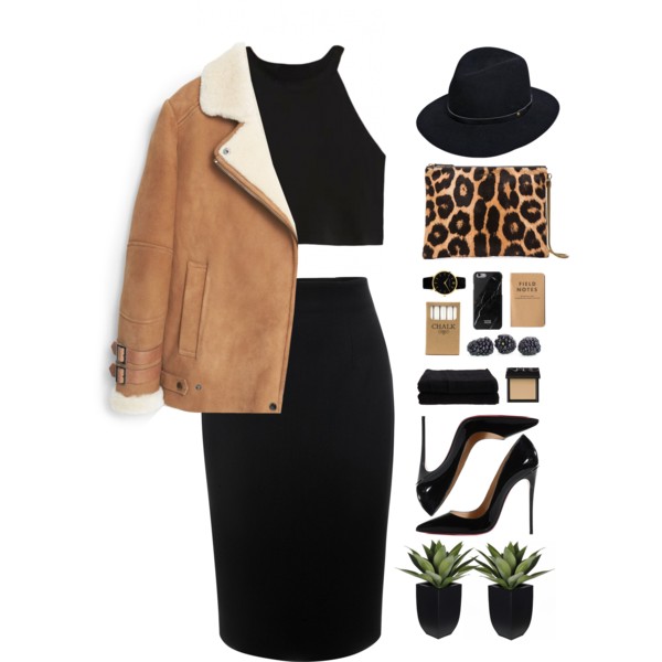 A fashion look from December 2015 featuring halter neck top, genuine leather coat and knee length pencil skirt. Browse and shop related looks.