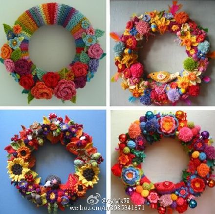 国外的钩针圣诞花环Christmas Wreath 美美哒 立体花朵