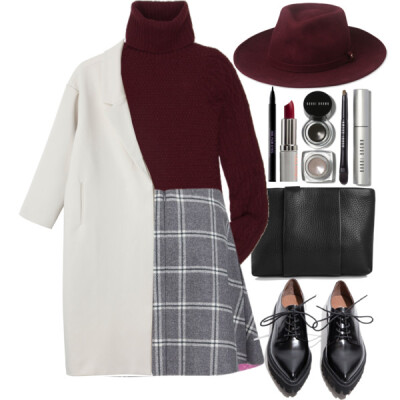 A fashion look from November 2015 featuring pullover sweater, white winter coat and grey skirt. Browse and shop related looks.