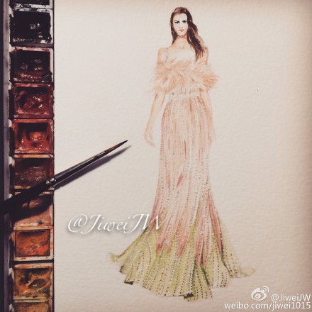 @ELIESAAB官方微博 2015 Spring Couture illustration by JiweiJW 翠叶玲珑烟剪成，含笑出帘，月香满袖，天雾萦身，年时花下逢迎，有游女，翩翩如五云。