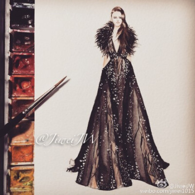 @ELIESAAB官方微博 2015 Spring Couture illustration by JiweiJW 翠叶玲珑烟剪成，含笑出帘，月香满袖，天雾萦身，年时花下逢迎，有游女，翩翩如五云。