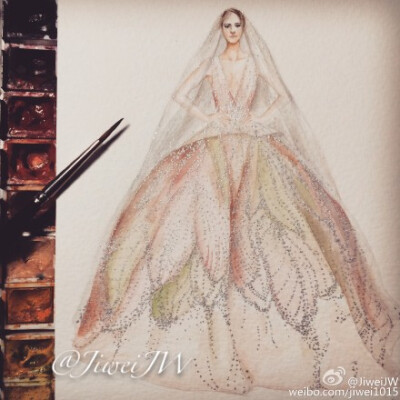 @ELIESAAB官方微博 2015 Spring Couture illustration by JiweiJW 翠叶玲珑烟剪成，含笑出帘，月香满袖，天雾萦身，年时花下逢迎，有游女，翩翩如五云。