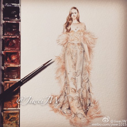 @ELIESAAB官方微博 2015 Spring Couture illustration by JiweiJW 翠叶玲珑烟剪成，含笑出帘，月香满袖，天雾萦身，年时花下逢迎，有游女，翩翩如五云。