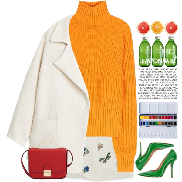 A fashion look from December 2015 featuring orange top, mango coat and a line skirt. Browse and shop related looks.