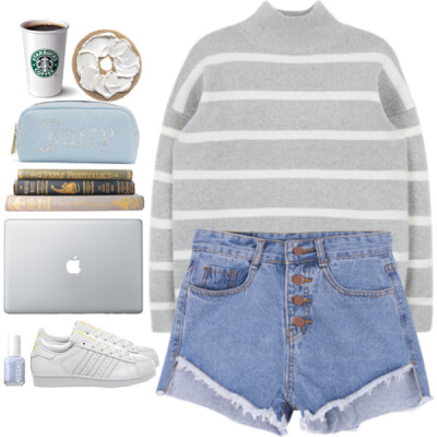 A fashion look from December 2015 featuring thin sweaters, high rise denim shorts and round toe shoes. Browse and shop related looks.