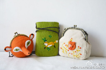 狐狸系列手工制作的羊毛毡包包，口金包，手机包，零钱包，小清新的时尚圣诞礼物