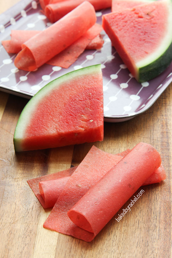 Easy homemade watermelon fruit leather recipe from @bakedbyrachel. Only two ingredients!