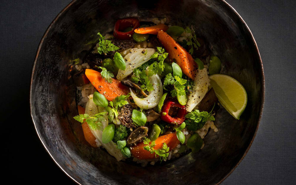 Market Vegetables, Brown Rice and Salsa Verde