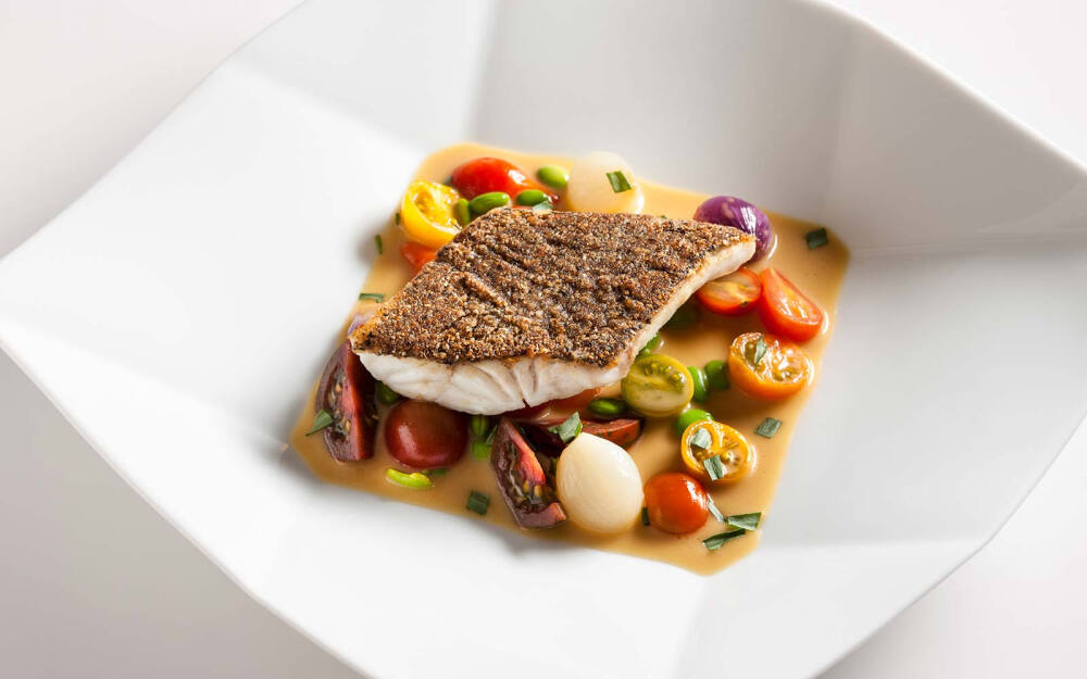 Black Sea Bass Crusted with Nuts and Seeds, Sweet and Sour Jus