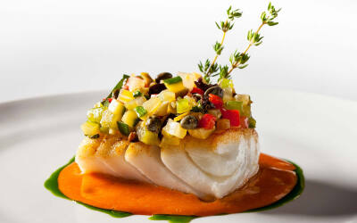 Cod, Roasted with Marinated Vegetables in an Aromatic Tomato Sauce