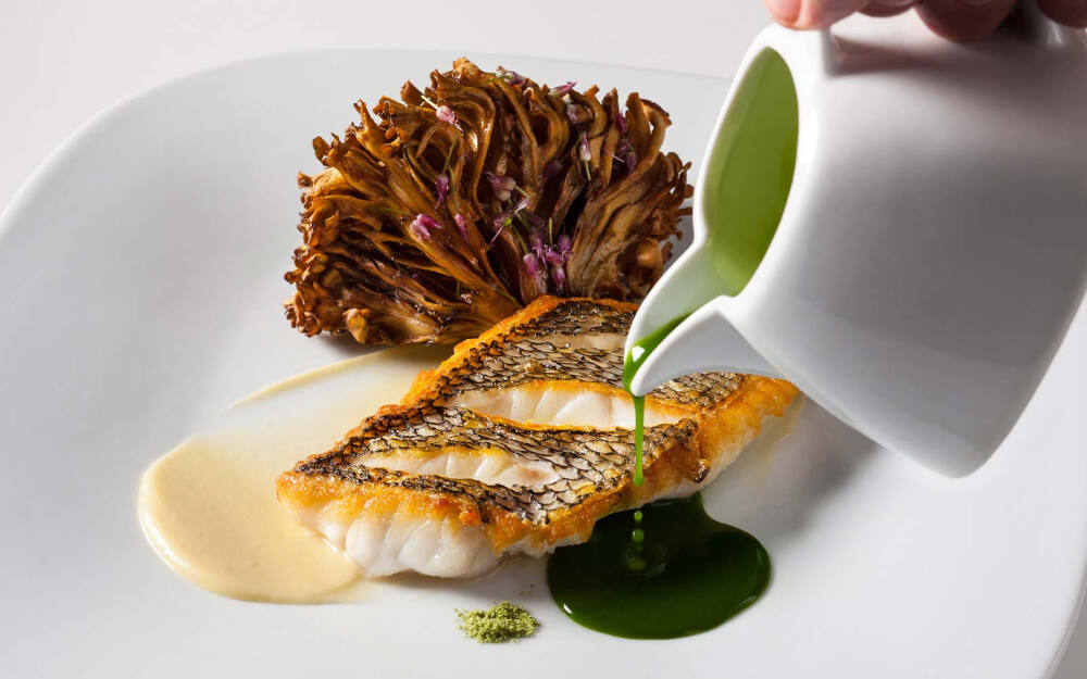 Pan-Seared Black Sea Bass, Grilled Maitake Mushroom, Aromatic Basil Sauce