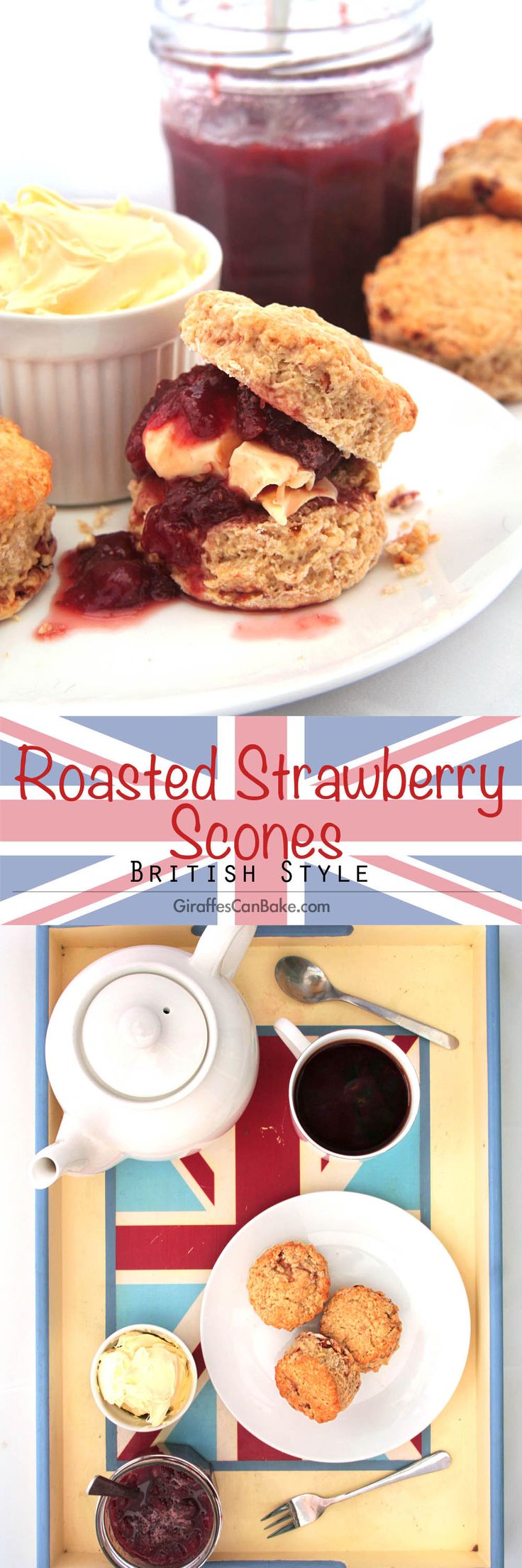 Roasted Strawberry British Scones by Giraffes Can Bake - short, crumbly scones with roasted strawberries baked right in. So easy and quick to make, you can't go wrong. Serve with jam, clotted cream and a cup of tea for your very own homemade Devonshire or Cornish Cream Tea: