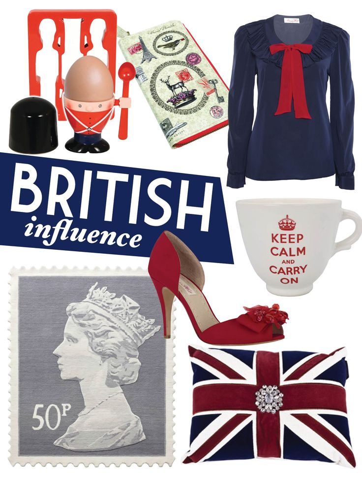 'British Influence' via Adore Home Magazine / CUP SET Egg Soldier cup and toast cutter / PURSE Keepsake zip purse / BLOUSE Alannah Hill The Shock Confession blouse / MUG Keep Calm large mug / HEELS Alannah Hill Come Follow Me shoes / RUG 50P Queen Head stamp rug / CUSHION Velvet Union Jack cushion: