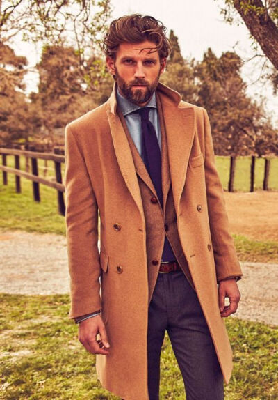 camel // topcoat, tan suit, blue: