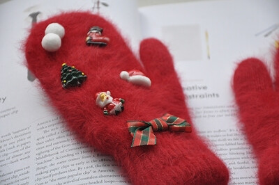 ELEVENCC圣诞节手套女冬季韩版加厚户外保暖纯棉红色手缝兔毛手套