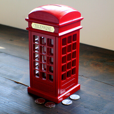 欧式英伦复古实木红色电话亭储蓄罐存钱罐家居饰品摆件送男生礼物