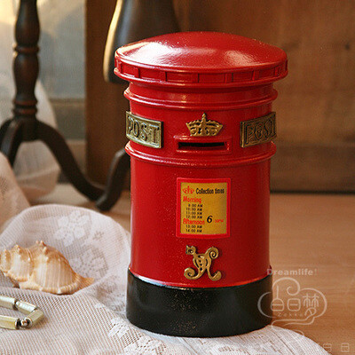 欧式英伦复古实木质红色邮筒储蓄罐超大号存钱罐创意情侣男生礼物
