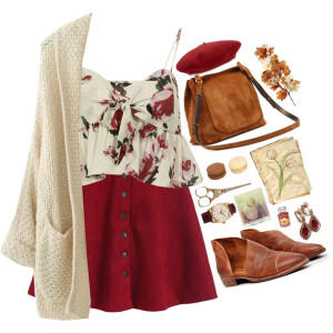 A fashion look from September 2015 featuring open front cardigan, crop top and red skirt. Browse and shop related looks.