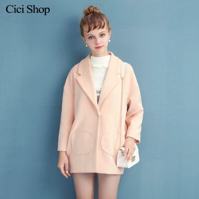 CICISHOP2015秋冬新品日系甜美简约圆形口袋呢子大衣外套女6078