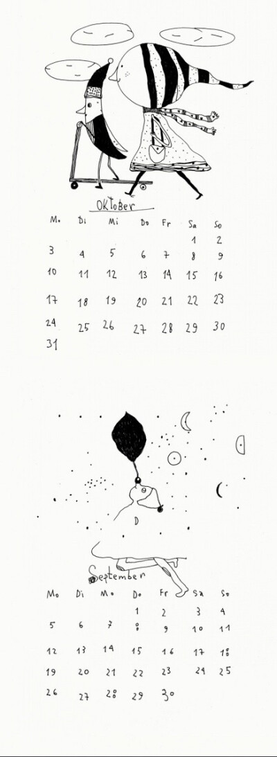 #2016新年日历全收罗# 分享一组来自德国插画师 Ilya Donets 的新年日历设计，黑白色调，简约风格，很合小编口味。