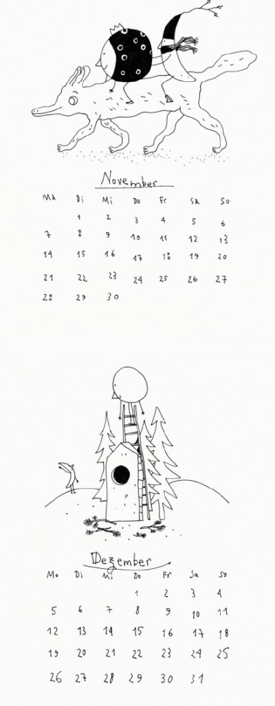#2016新年日历全收罗# 分享一组来自德国插画师 Ilya Donets 的新年日历设计，黑白色调，简约风格，很合小编口味。