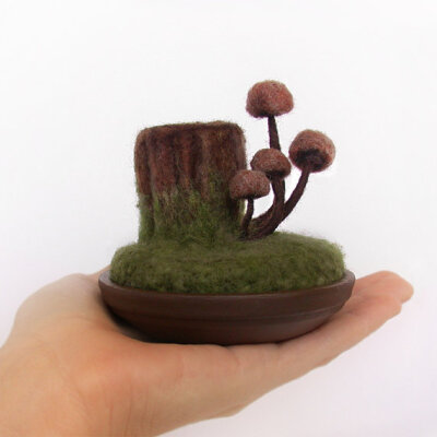 Woodland Mushrooms on Tree Stump Wool Felted Mycology Sculpture Pincushion Made to Order