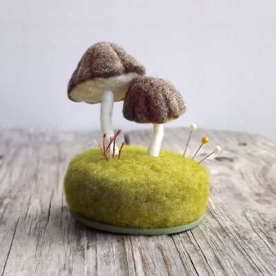 Pincushion Needle Felted Miniature Mushrooms Pin Cushion in Heather Brown Nature Scene Desk Home Decor Wool Sculpture Made To Order