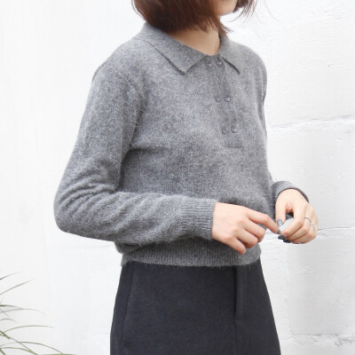 CBOMB/2015冬定制 school百搭polo领纽扣套头短款长袖毛衣 女z506
