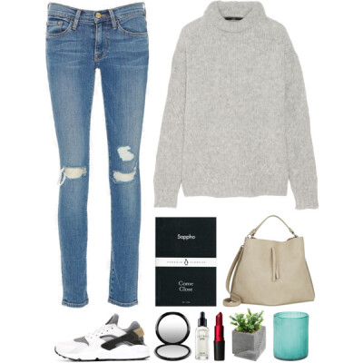 A fashion look from January 2016 featuring turtleneck sweater, blue jeans and nike sneakers. Browse and shop related looks.