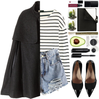 A fashion look from January 2016 featuring white striped shirt, h&amp;amp;m cape and destroyed jean shorts. Browse and shop related looks.