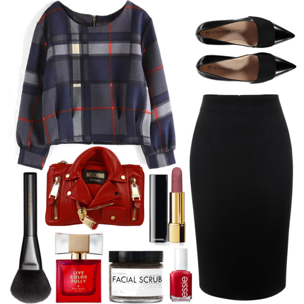 A fashion look from January 2016 featuring shirts &amp;amp; tops, black pencil skirt and red handbags. Browse and shop related looks.